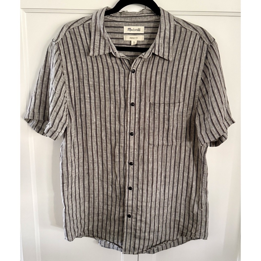 Madewell Perfect Fit Mens M Gray 100% Linen Striped Button Up Short Sleeve Shirt - Picture 2 of 11